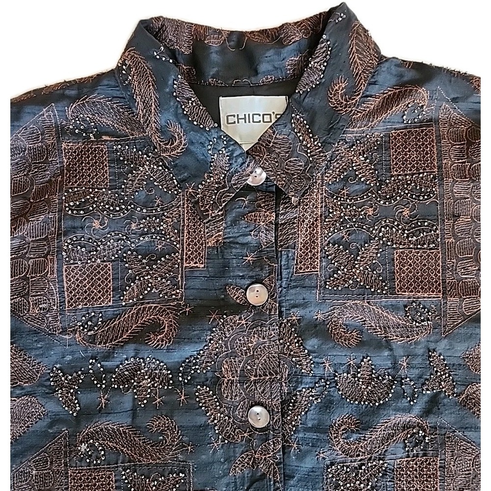 Chicos Womens Silk Jacket  XL Floral Embroidered Beaded Black Brown Boho Artsy‎